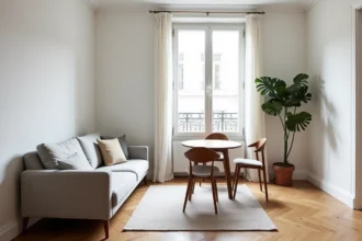 Petit salon et salle à manger aménagés dans la même pièce avec canapé gris et table ronde en noyer sur parquet en chevrons