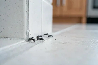 Petites bestioles noires identifiées près d'une plinthe de cuisine, plan macro réaliste pour illustrer une infestation domestique