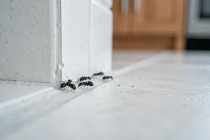 Petites bestioles noires identifiées près d'une plinthe de cuisine, plan macro réaliste pour illustrer une infestation domestique