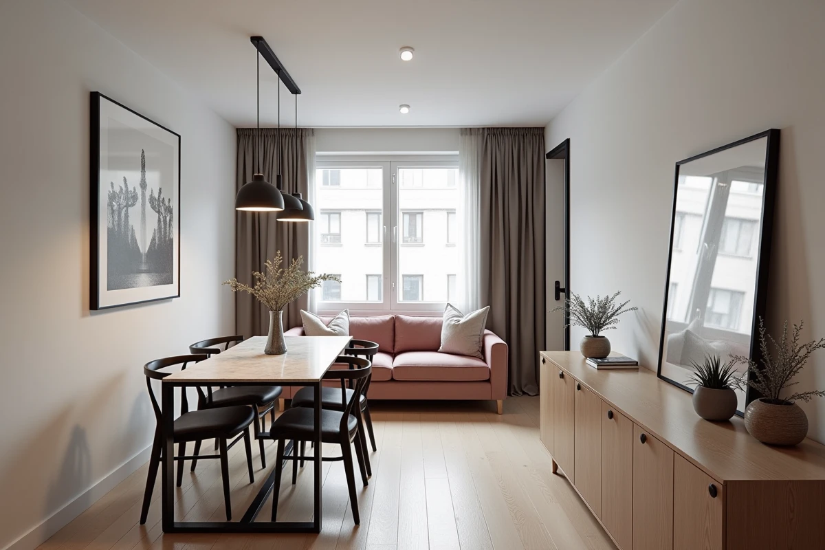 Pièce rectangulaire alliant salon et salle à manger avec suspension noire table en marbre et canapé velours rose poudré