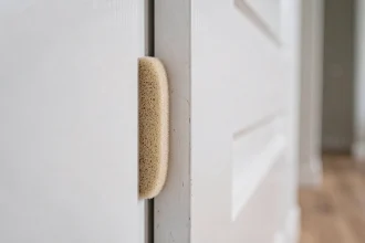Gros plan sur une pince-doigt en mousse beige installée sur le bord d'une porte intérieure blanche pour protéger les doigts des enfants