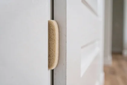 Gros plan sur une pince-doigt en mousse beige installée sur le bord d'une porte intérieure blanche pour protéger les doigts des enfants