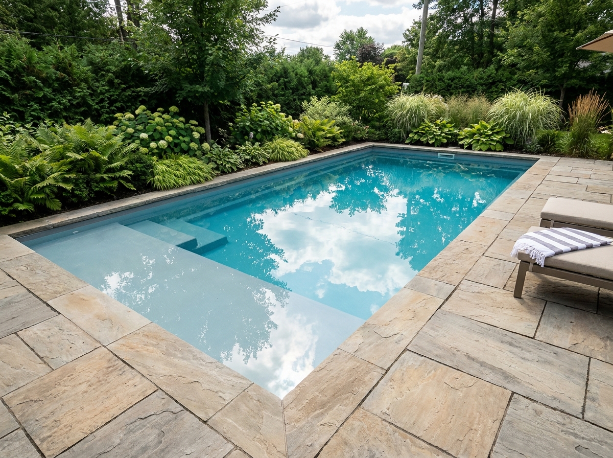 Piscine coque polyester avec plage immergée intégrée dans un jardin aménagé avec dallage en pierre naturelle