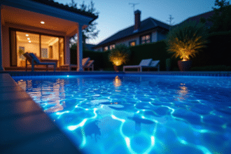 Piscine moderne au crépuscule avec projection lumineuse
