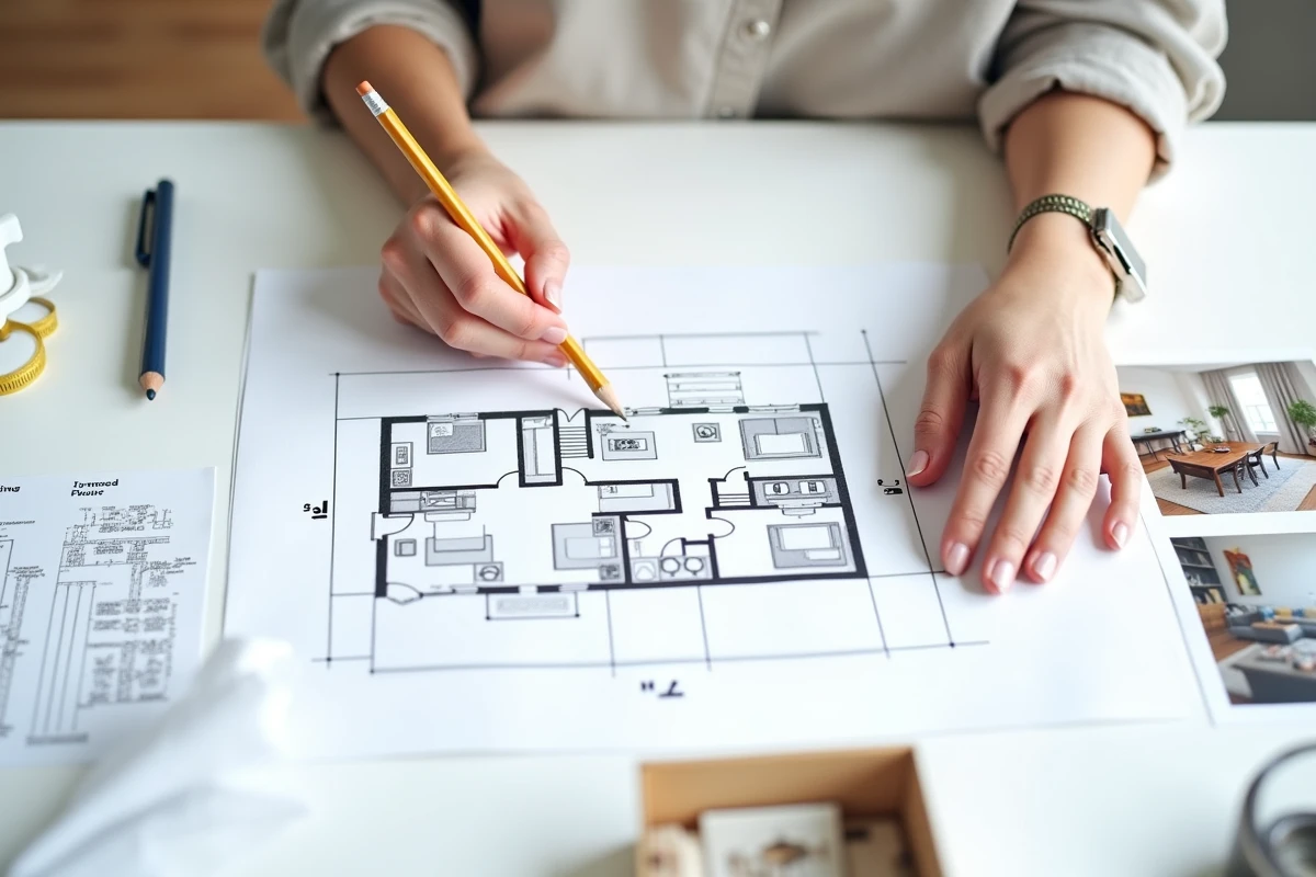 Plan d'aménagement avant après d'un salon salle à manger dessiné sur table d'architecte avec maquette et annotations au crayon