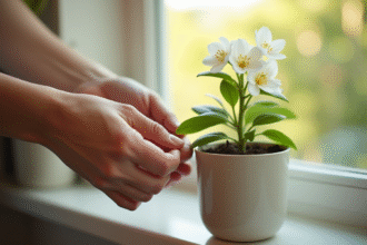Mains plantant un jasmin dans un pot moderne ensoleille
