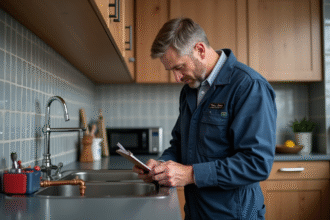 Plombier homme inspectant des tuyaux en cuivre dans une cuisine moderne