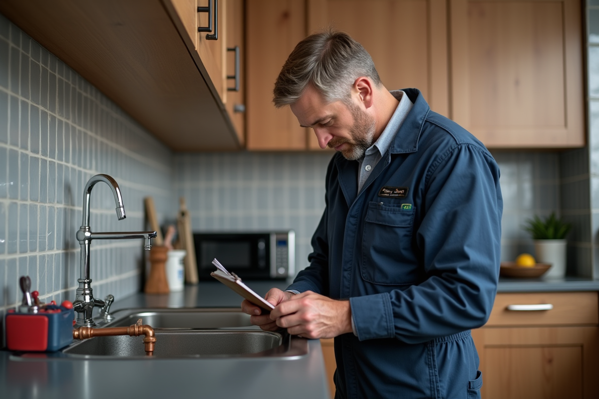 Plombier homme inspectant des tuyaux en cuivre dans une cuisine moderne