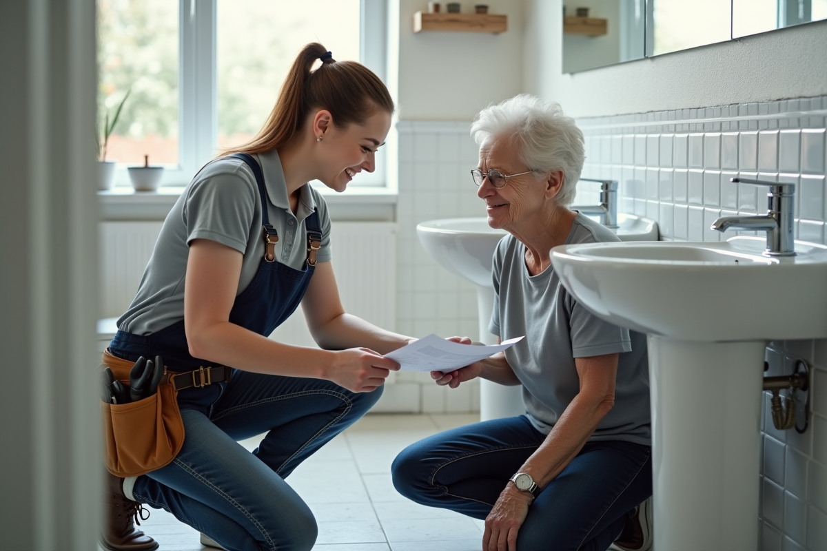 Jeune femme plombier expliquant un diagramme à une cliente dans une salle de bain
