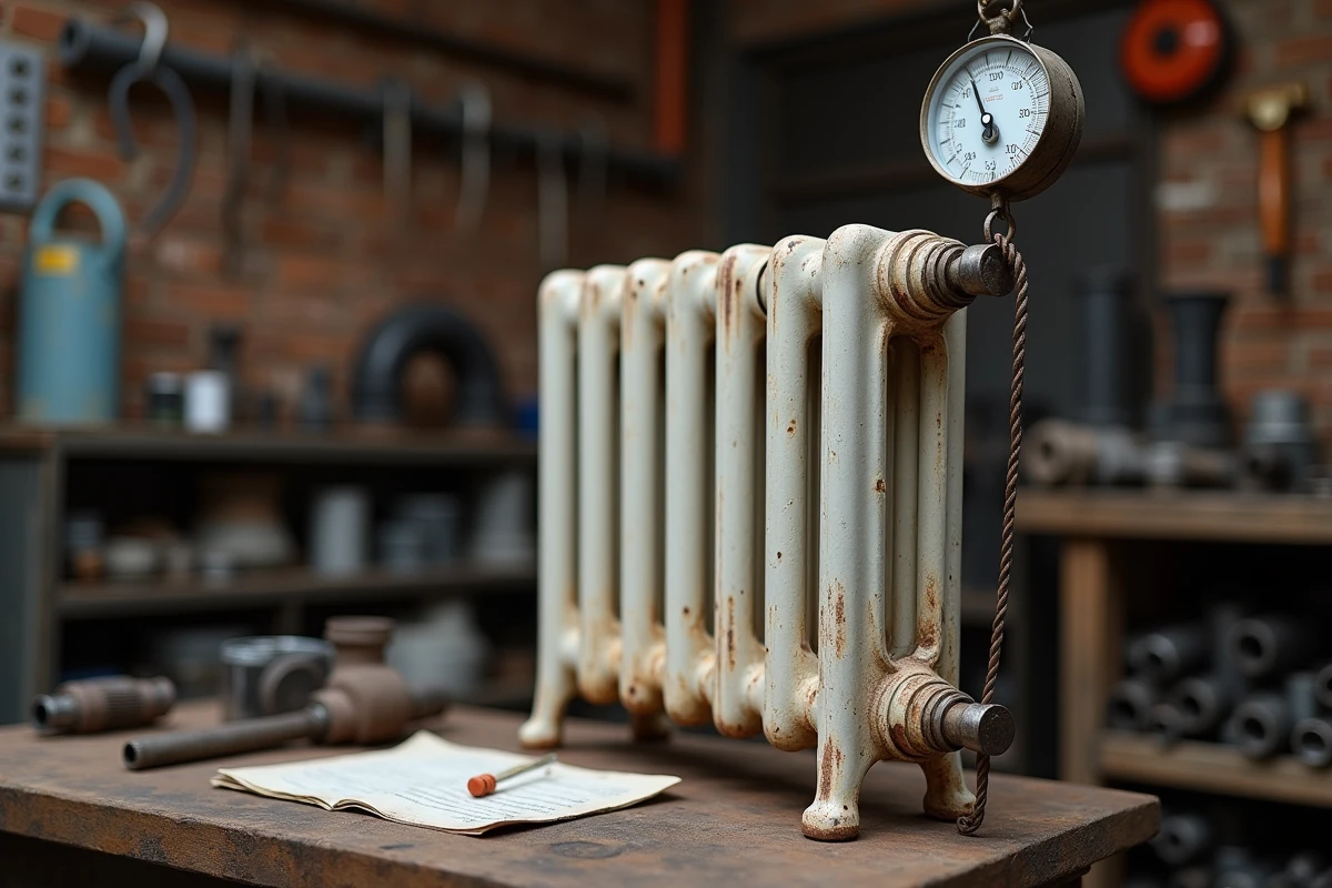 Section de radiateur en fonte posée sur un établi d'atelier avec balance numérique pour estimation du poids unitaire