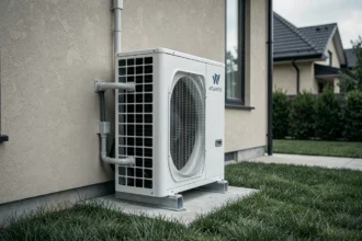 Pompe à chaleur Atlantic 14 kW installée sur la façade extérieure d'une maison individuelle moderne