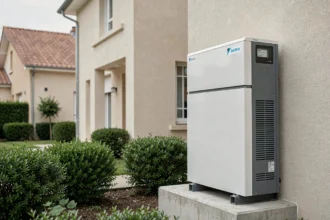Pompe à chaleur air-eau Daikin installée sur la façade extérieure d'une maison individuelle en France