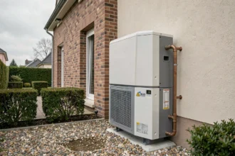 Pompe à chaleur air-eau installée sur la façade extérieure d'une maison individuelle avec tuyaux en cuivre apparents