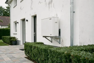 Pompe à chaleur réversible installée sur la façade extérieure d'une maison contemporaine avec terrasse pavée