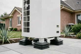 Pompe à chaleur extérieure installée sur des supports anti-vibration en caoutchouc sur une terrasse en béton