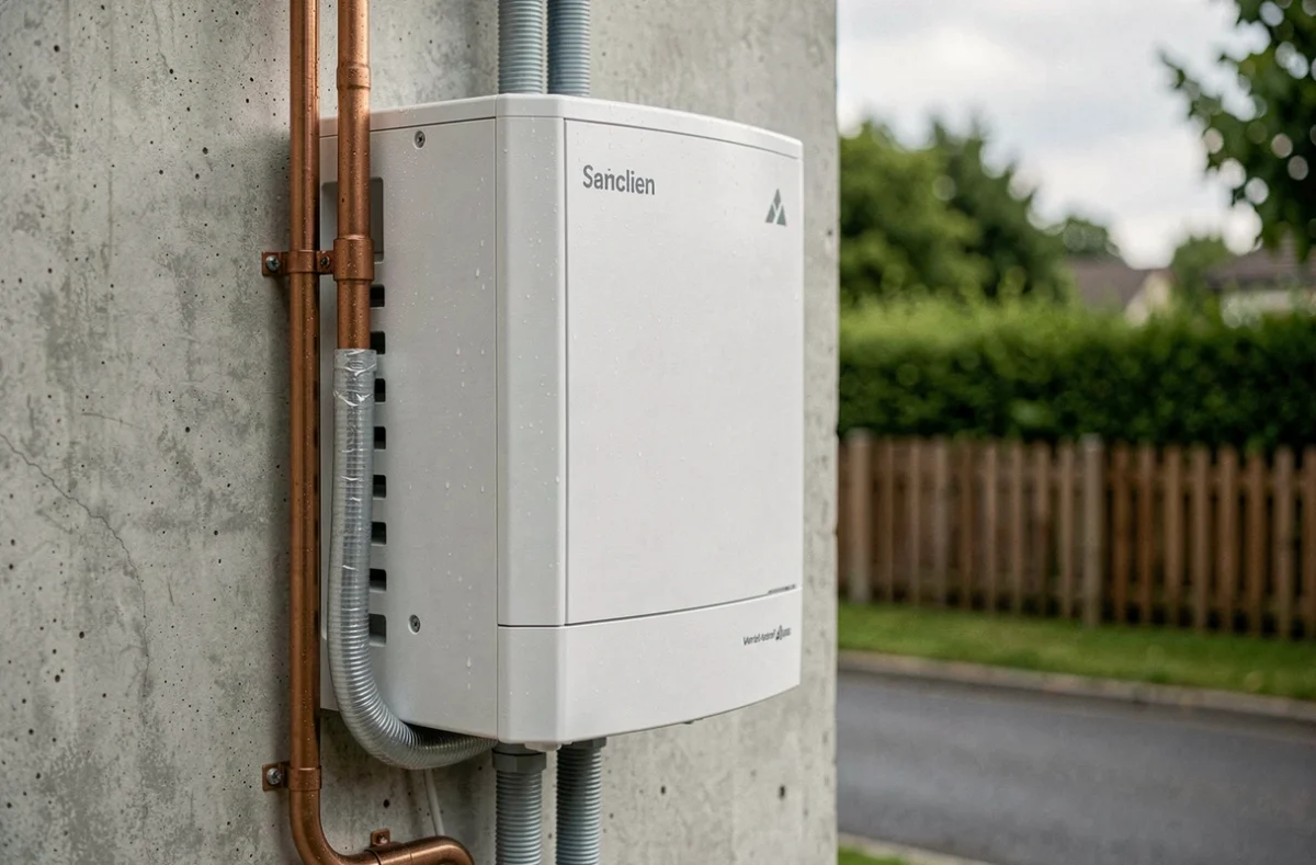 Pompe à chaleur air-eau neuve montée sur mur extérieur avec raccordements en cuivre et tuyaux isolés