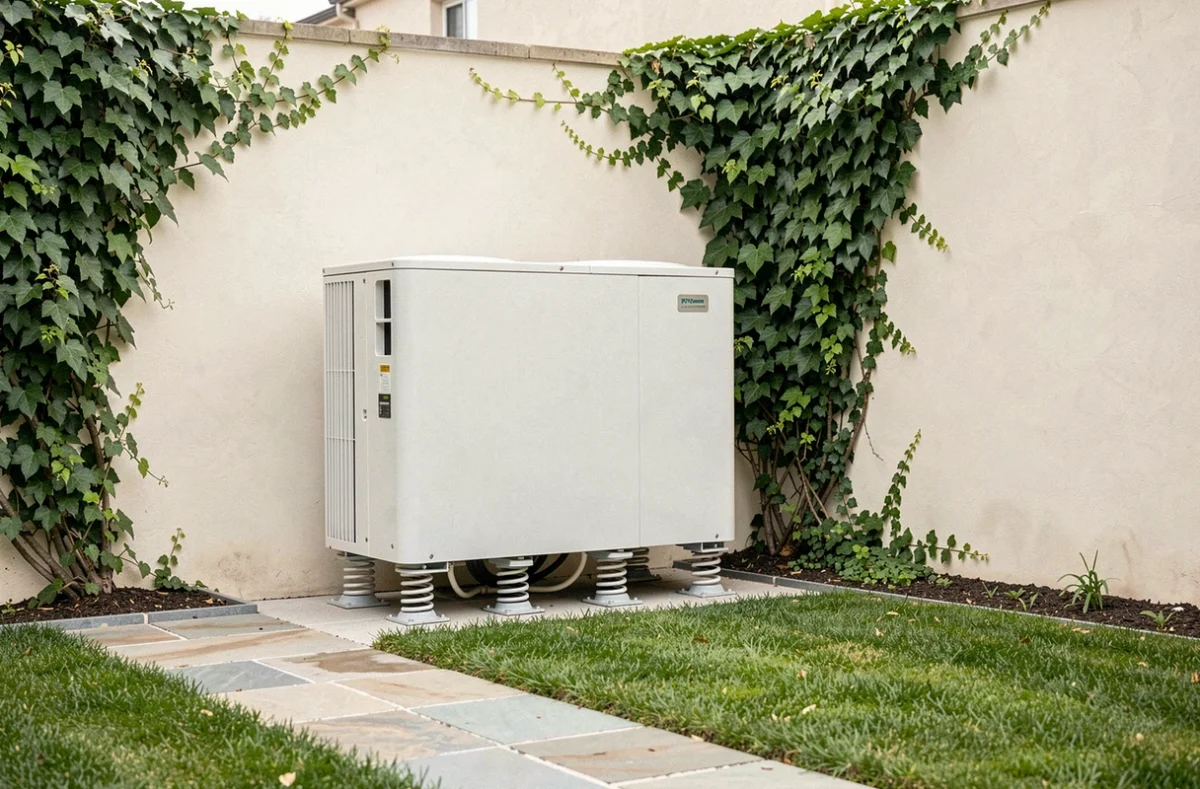 Pompe à chaleur sur supports à ressorts anti-vibration dans un jardin résidentiel calme