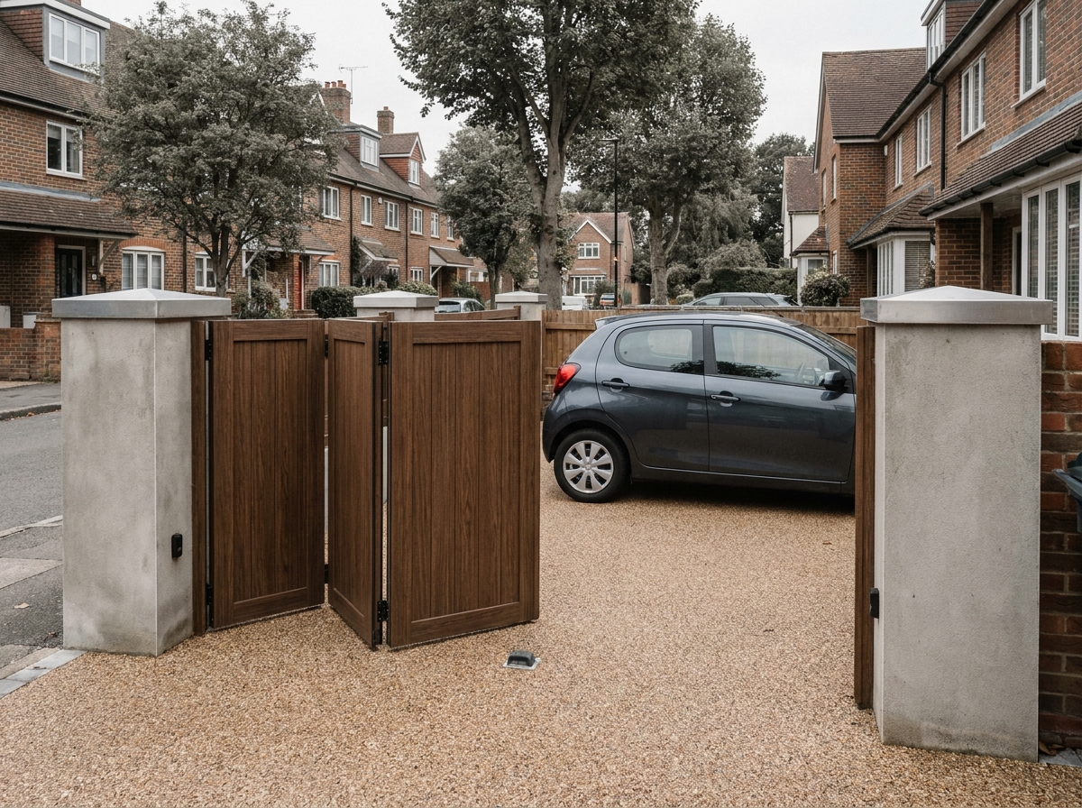 Portail pliant bi-folding en bois composite devant une petite cour urbaine avec voiture garée et allée en gravier
