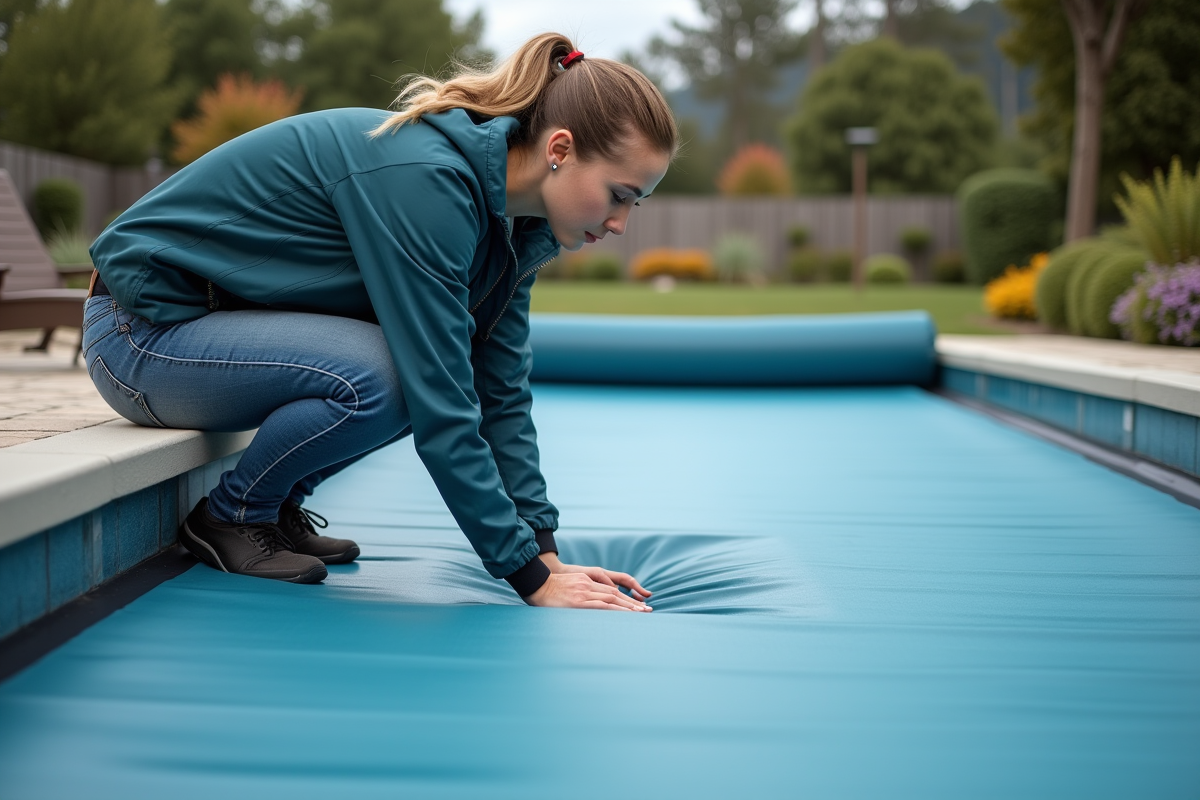 Jeune femme ajustant la couverture de la piscine