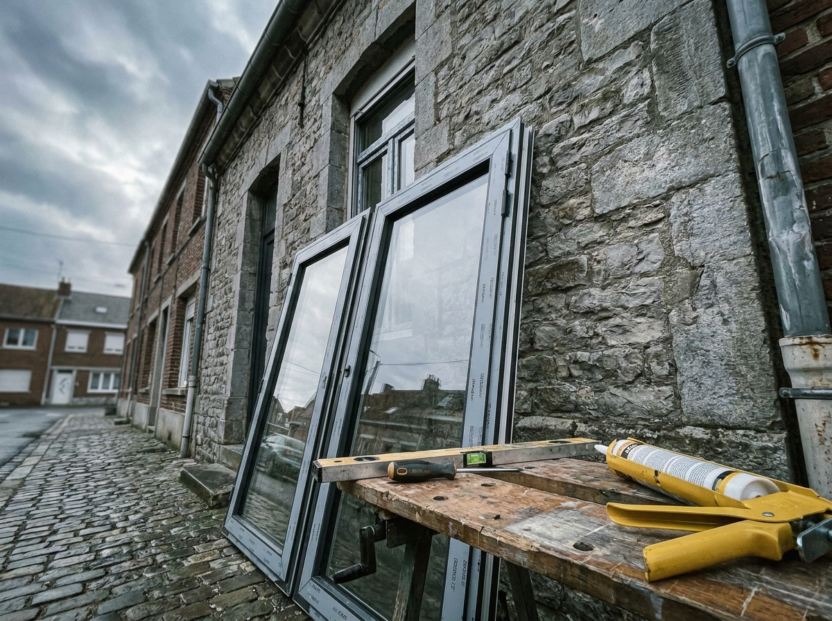 Nouvelles fenêtres en aluminium prêtes à être posées sur la façade d'une maison en brique à Calais