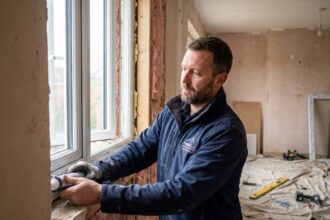Installateur professionnel posant une fenêtre double vitrage dans une maison en rénovation pour améliorer l'isolation thermique