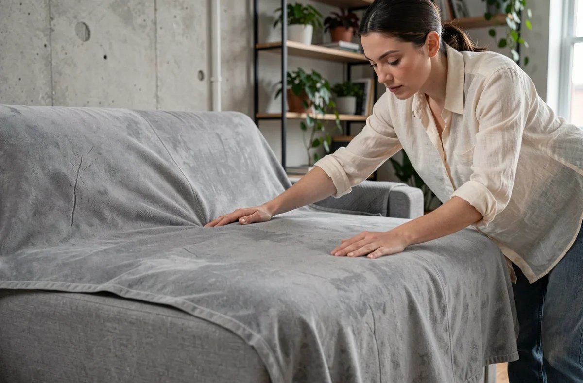 Femme installant une housse de BZ grise en microfibre dans un appartement urbain moderne
