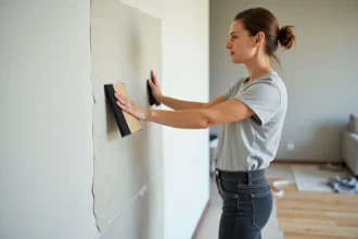 Femme appliquant un revêtement mural autocollant grande surface avec une raclette pour éviter les bulles d'air