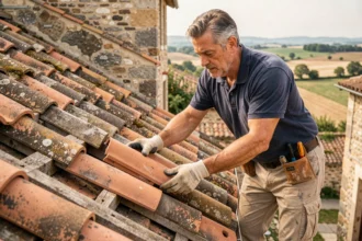 Couvreur posant une tuile canal en terre cuite sur une toiture en rénovation énergétique, maison ancienne en Provence