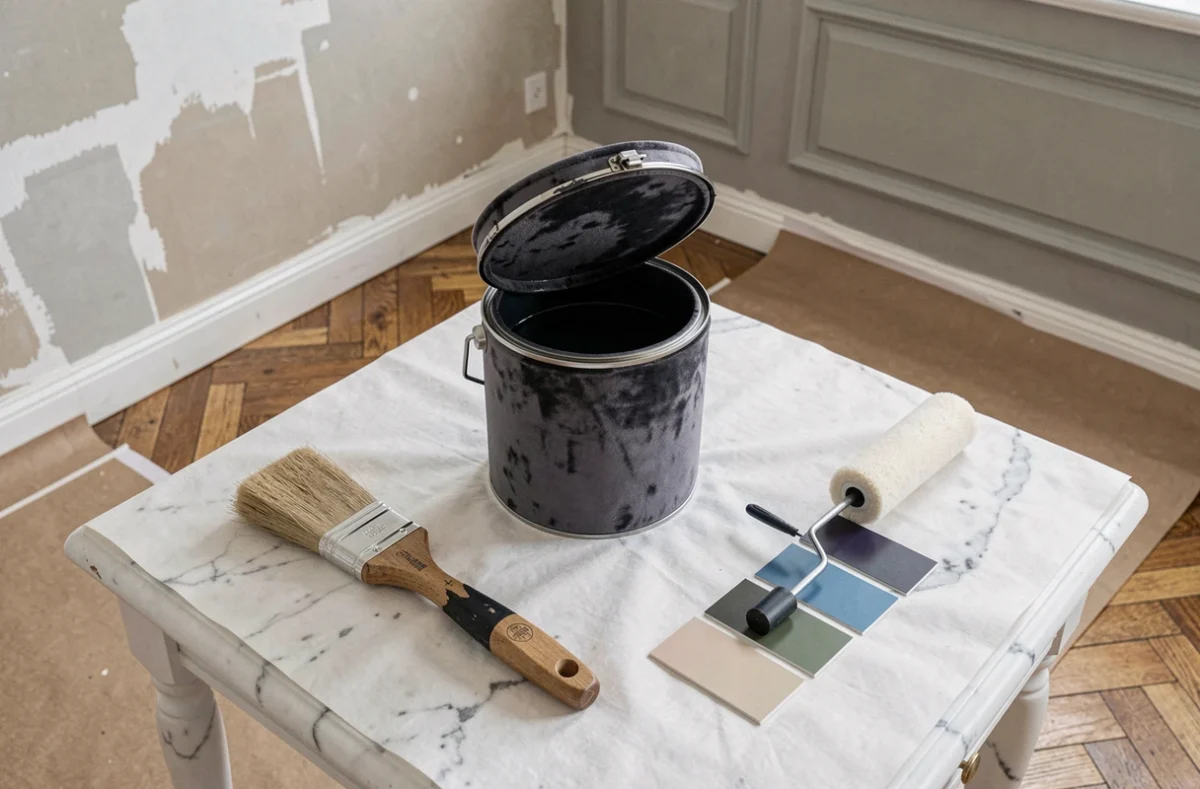 Pot de peinture luxe finition velours anthracite ouvert sur une toile de protection avec pinceaux professionnels et nuancier dans un salon en rénovation