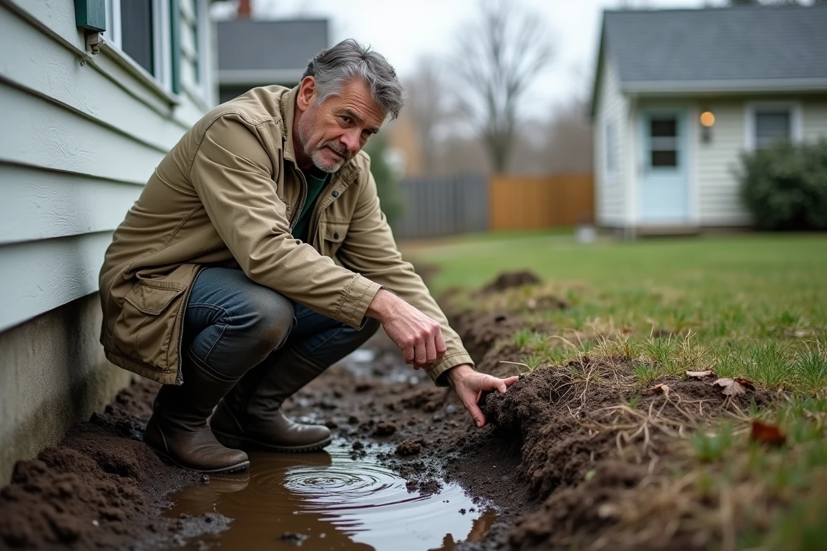 Propriétaire inspectant une fissure dans la fondation de sa maison avec de l'eau stagnante autour, signe urgent de problème de drainage