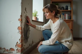 Propriétaire constatant des traces d'humidité et de moisissures sur un mur intérieur de son appartement