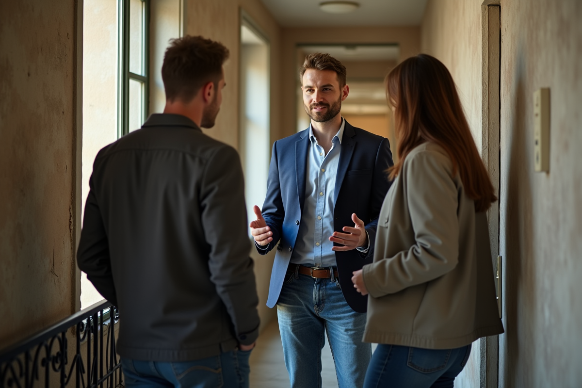 Proprietaire discutant avec un couple de locataires dans un couloir