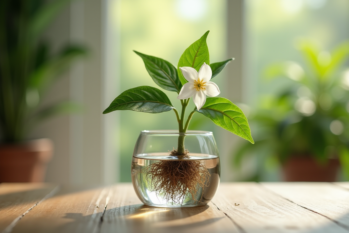 Gros plan d un jasmin sain avec racines dans l eau