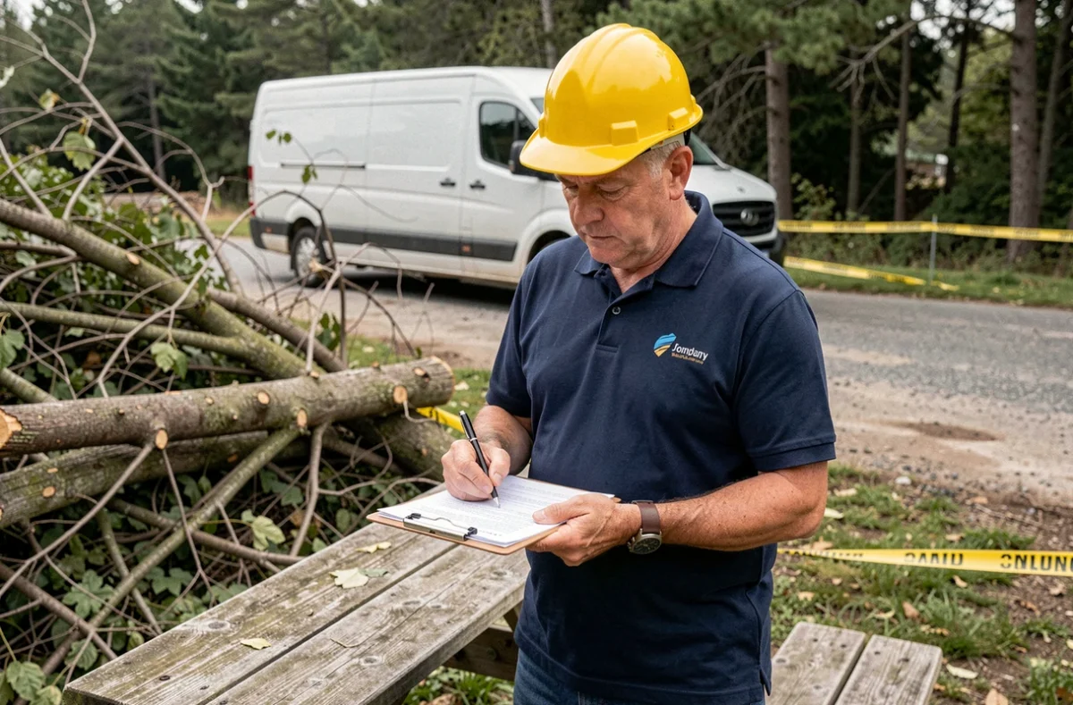 Responsable sécurité remplissant un rapport d'incident officiel après un accident sur un chantier d'élagage professionnel
