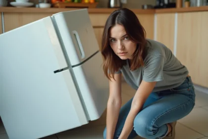 Femme inquiète accroupie à côté d'un réfrigérateur couché sur le côté dans une cuisine domestique