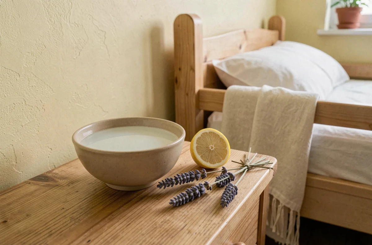 Remèdes naturels comme le vinaigre blanc et le citron posés sur une table de nuit pour absorber les odeurs de peinture dans une chambre d'enfant
