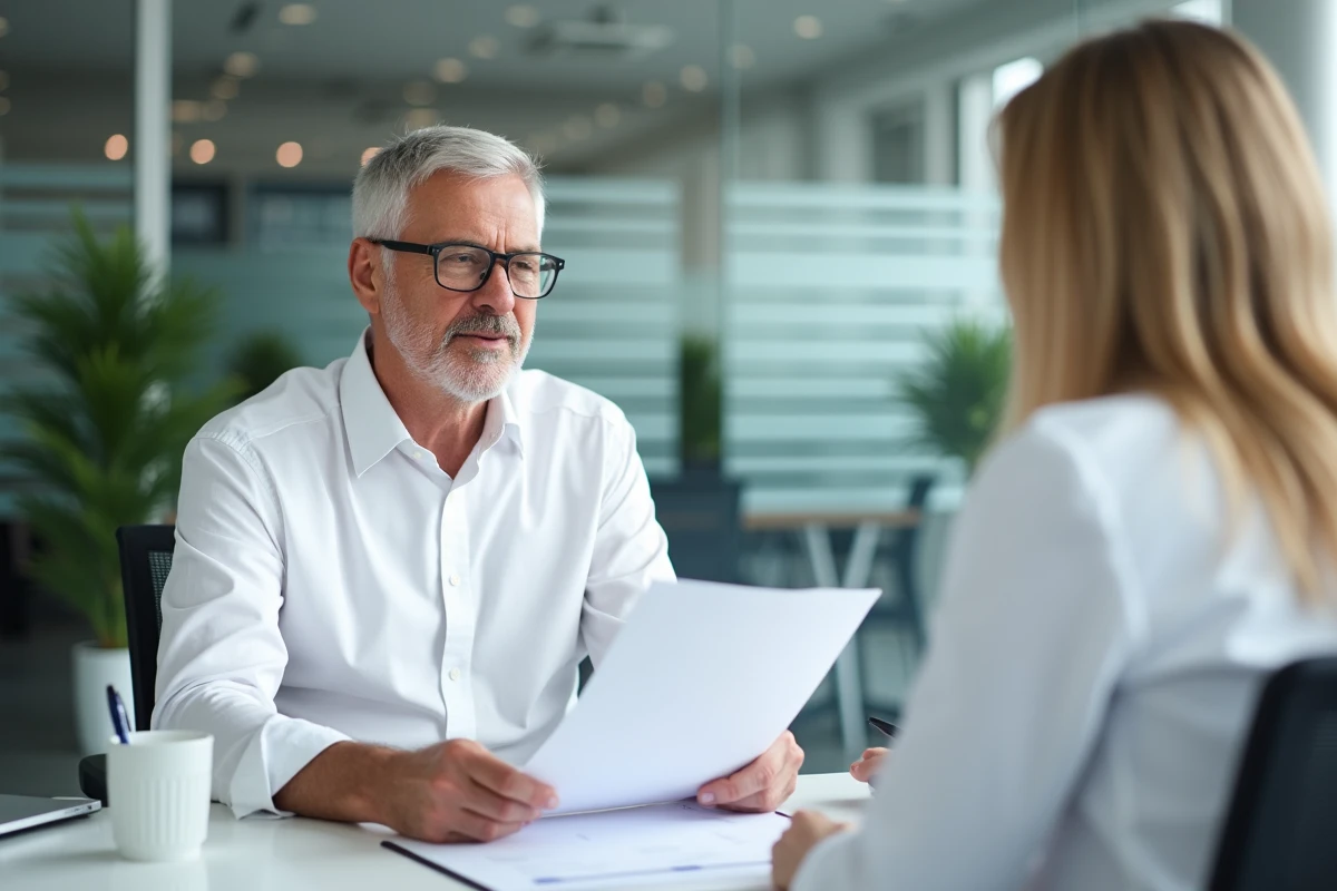 Homme en rendez-vous avec un conseiller en assurance habitation dans une agence moderne