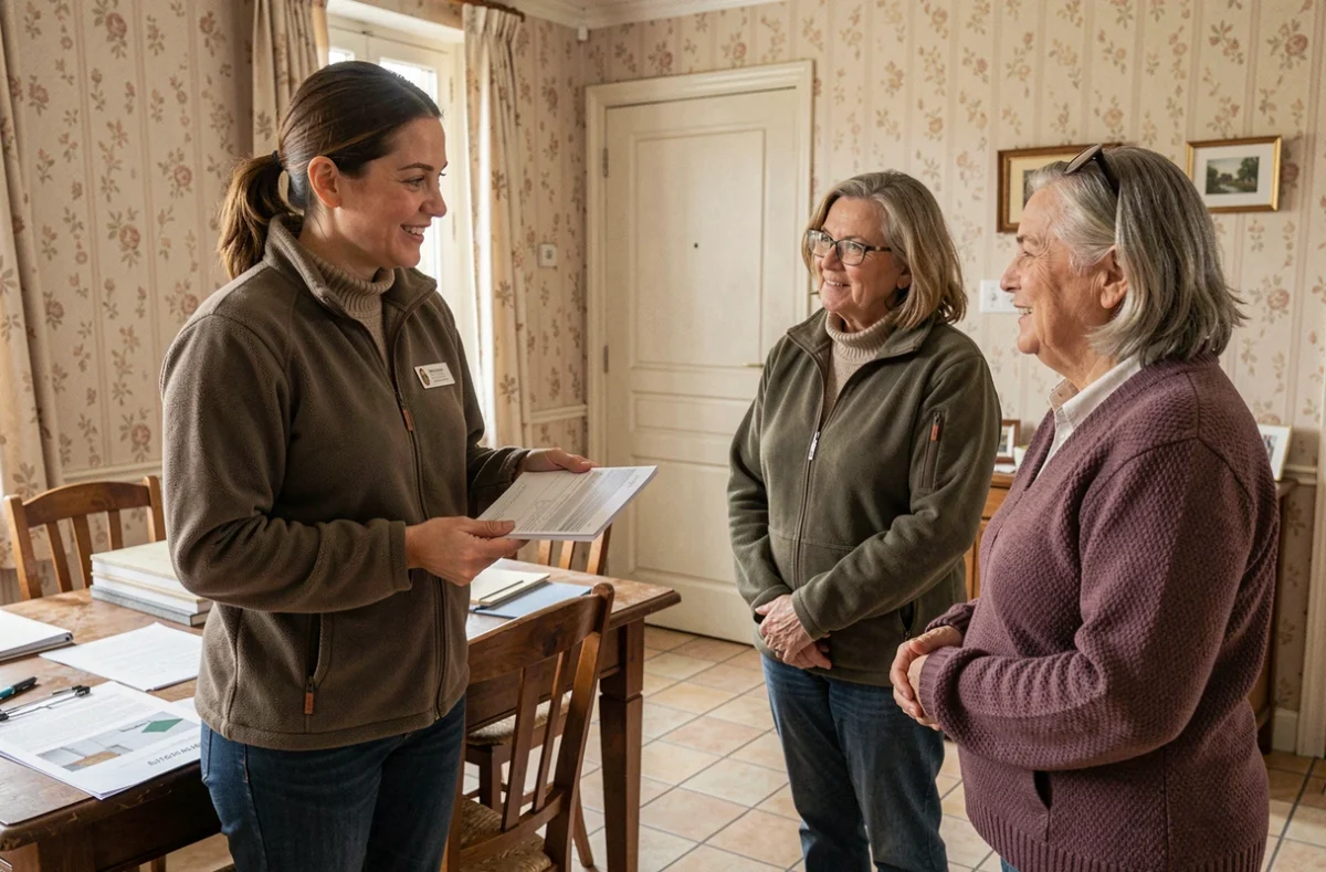 Conseillère en rénovation énergétique présentant des matériaux d'isolation à des propriétaires à Cambrai