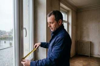 Artisan mesurant un cadre de fenêtre en PVC dans un appartement à Calais pour un projet de rénovation