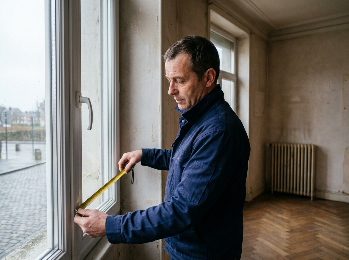 Artisan mesurant un cadre de fenêtre en PVC dans un appartement à Calais pour un projet de rénovation