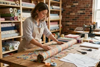 Femme déroulant un rouleau de tissu coloré sur une table de couture dans un atelier DIY fait maison