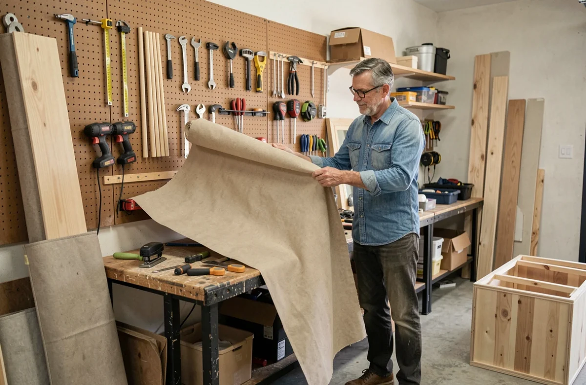 Homme tenant un rouleau de tissu canvas dans un atelier de bricolage avec des outils et matériaux DIY