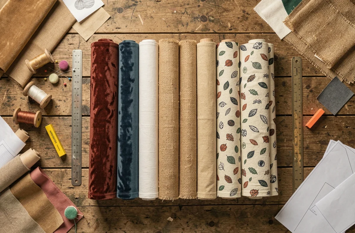 Vue de dessus de plusieurs rouleaux de tissus variés avec accessoires de couture pour projets DIY