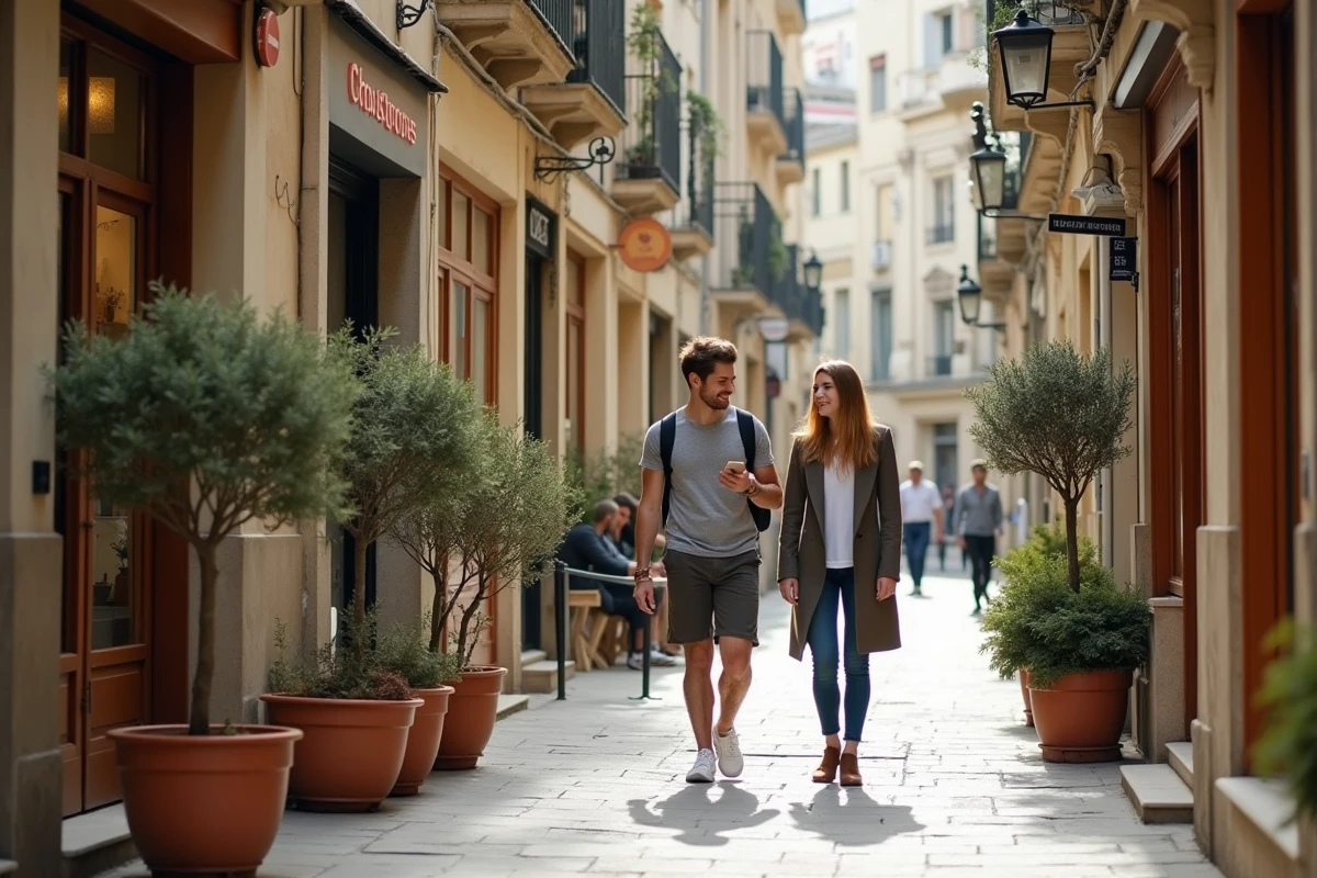 Rue piétonne animée du centre-ville de Nîmes avec des commerces locaux variés et des passants en train de faire du lèche-vitrines