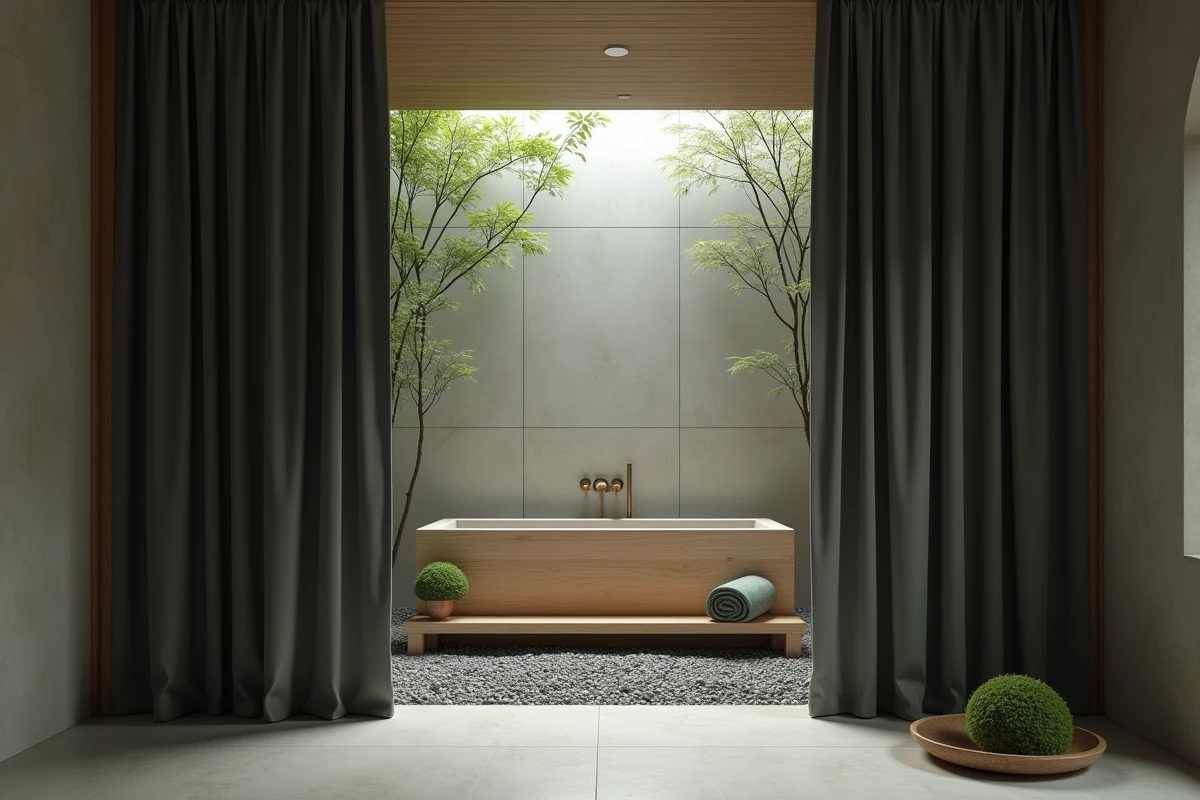 Salle de bain épurée style ryokan avec rideaux noren en lin anthracite, baignoire en bois hinoki et galets naturels