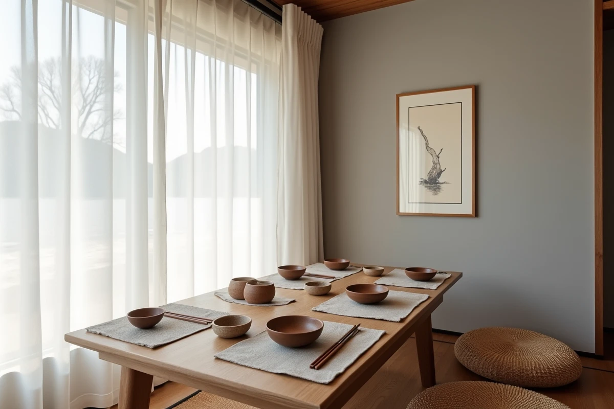 Coin repas style ryokan avec rideaux en coton shoji blanc, table basse en noyer et vaisselle céramique artisanale