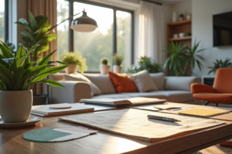 Salon moderne en reamenagement avec mood boards et echantillons