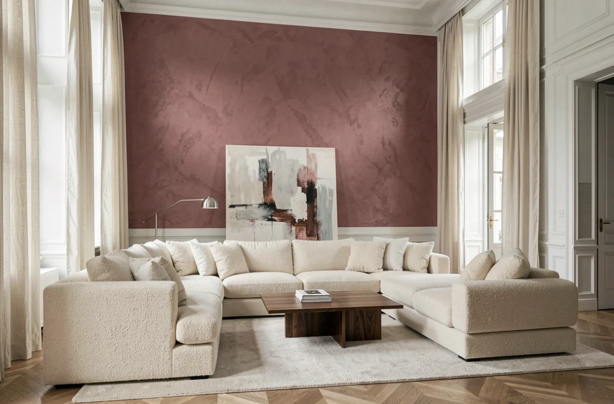 Salon haut de gamme avec mur accent en peinture minérale mate rose poudré contrastant avec des boiseries blanches et un canapé en bouclé crème