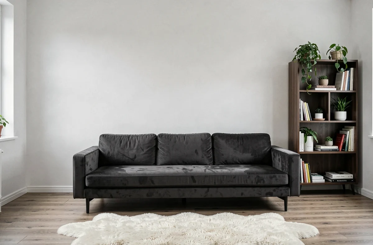 Salon scandinave avec papier peint blanc mat sur mur accent, canapé velours charbon et étagère noyer pour équilibre visuel