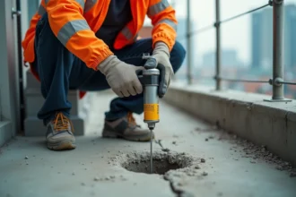 Technicien injectant une résine de scellement chimique dans un perçage de béton pour fixer un poteau de garde-corps sur un balcon
